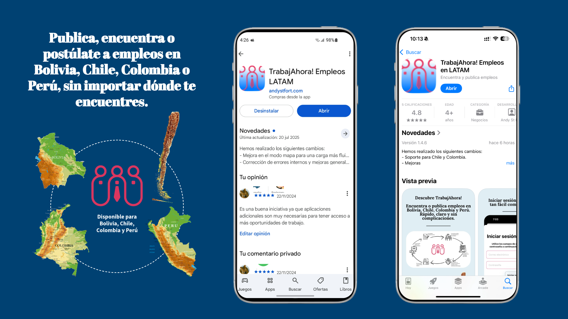 App screenshot of TrabajAhora Bolivia, Chile, Colombia y Perú
